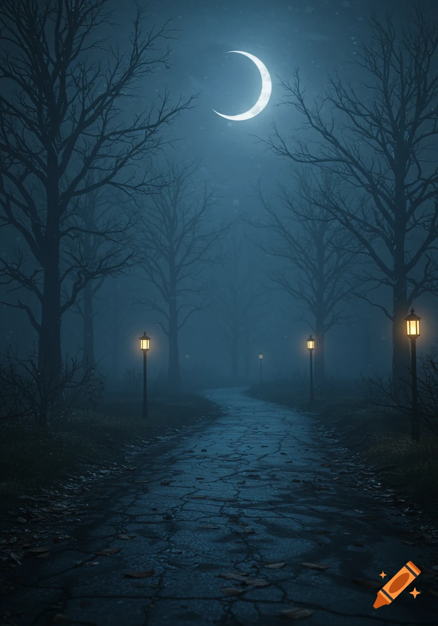 A moody, foggy forest path at night, lit by streetlights, under a crescent moon, creating a spooky atmosphere.