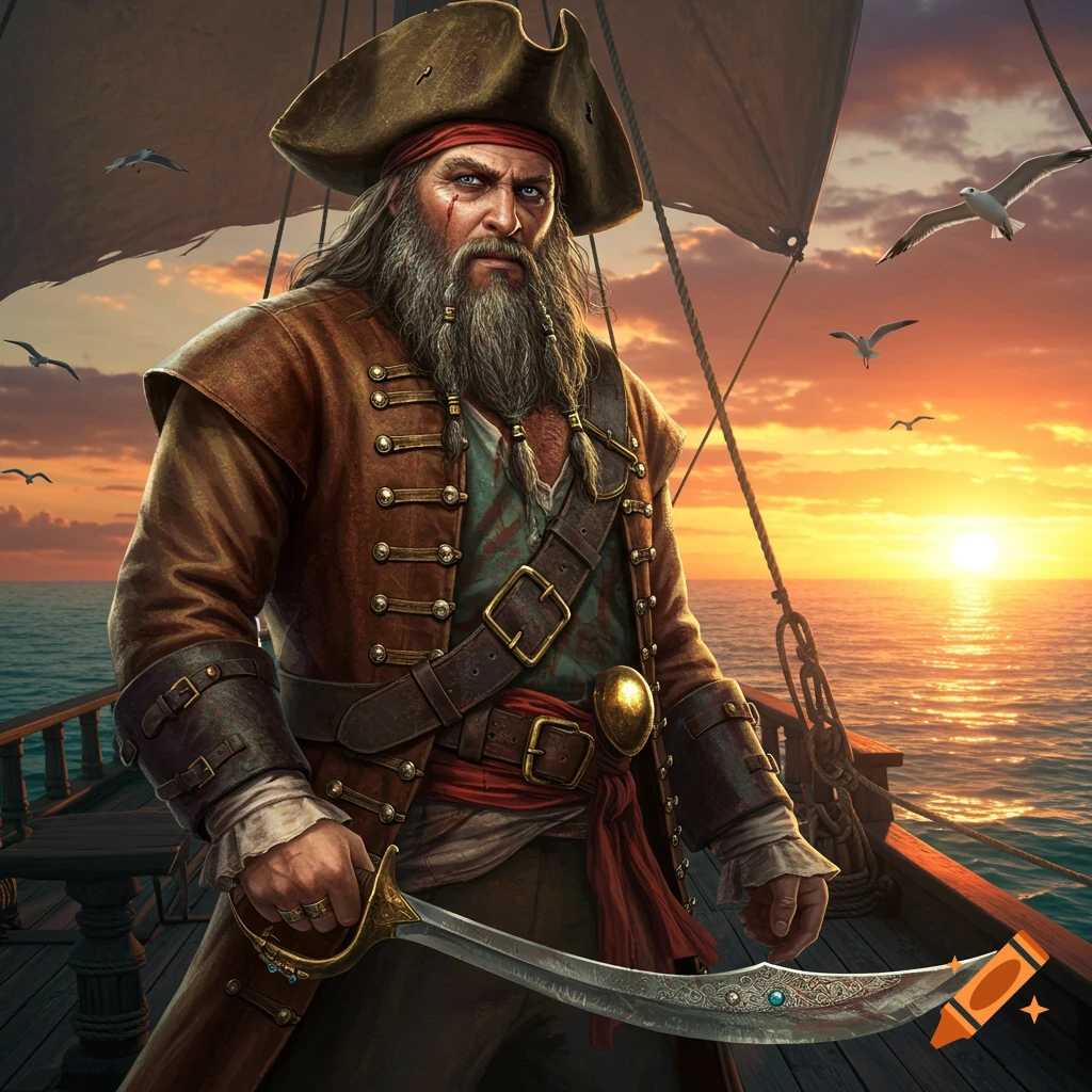 Photorealistic portrait of a bearded pirate with a sword standing on a ship deck at sunset.