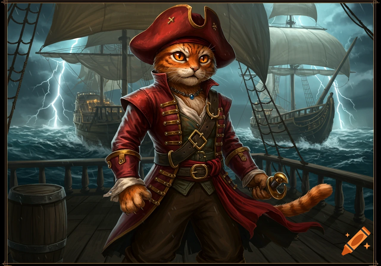 A detailed fantasy illustration of a cat pirate captain in a red coat standing on a ship deck during a stormy sea with lightning.