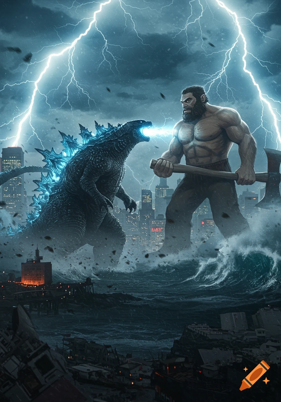 Giant Godzilla battling a massive Paul Bunyan in a stormy, destroyed city with lightning and a tsunami.
