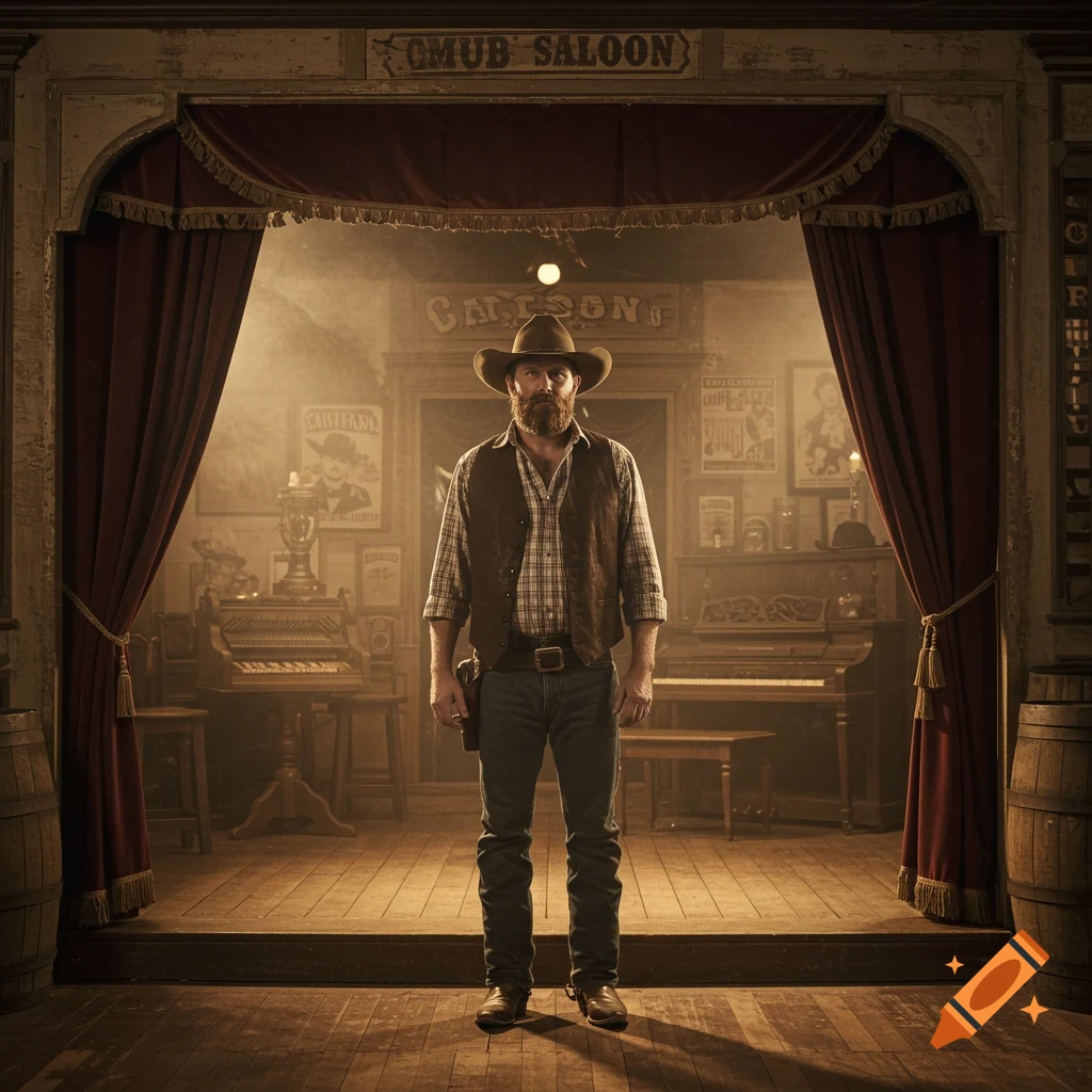 A scruffy cowboy with a beard and hat stands center stage in a photorealistic, dimly lit, old-fashioned saloon.