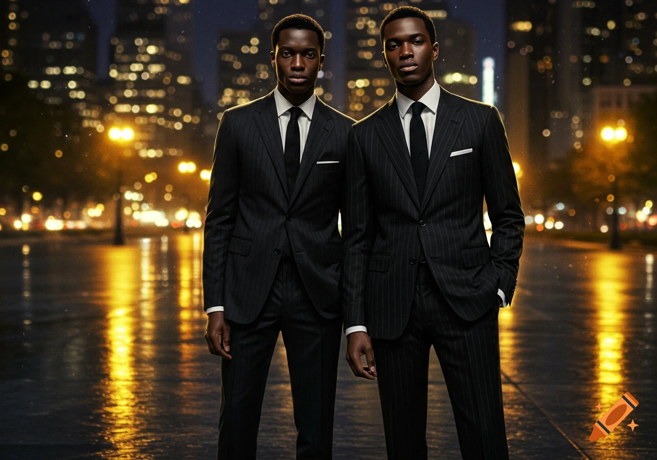 Two men in dark pinstripe suits standing in a city at night, with blurred lights and reflections on wet ground.