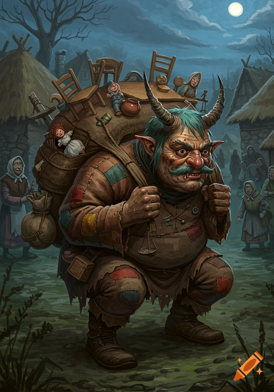A grotesque, horned creature with a mustache crouches, burdened by a huge backpack of household items, watched by villagers in a dark, folkloric painting.