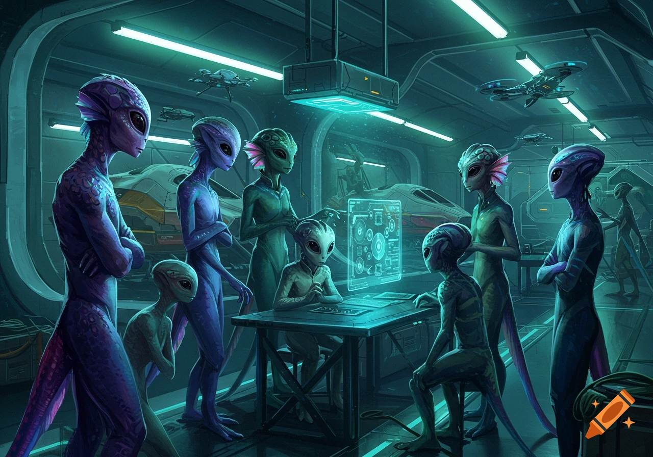 A group of purple and green aliens interact with a holographic display in a futuristic hangar with spaceships.