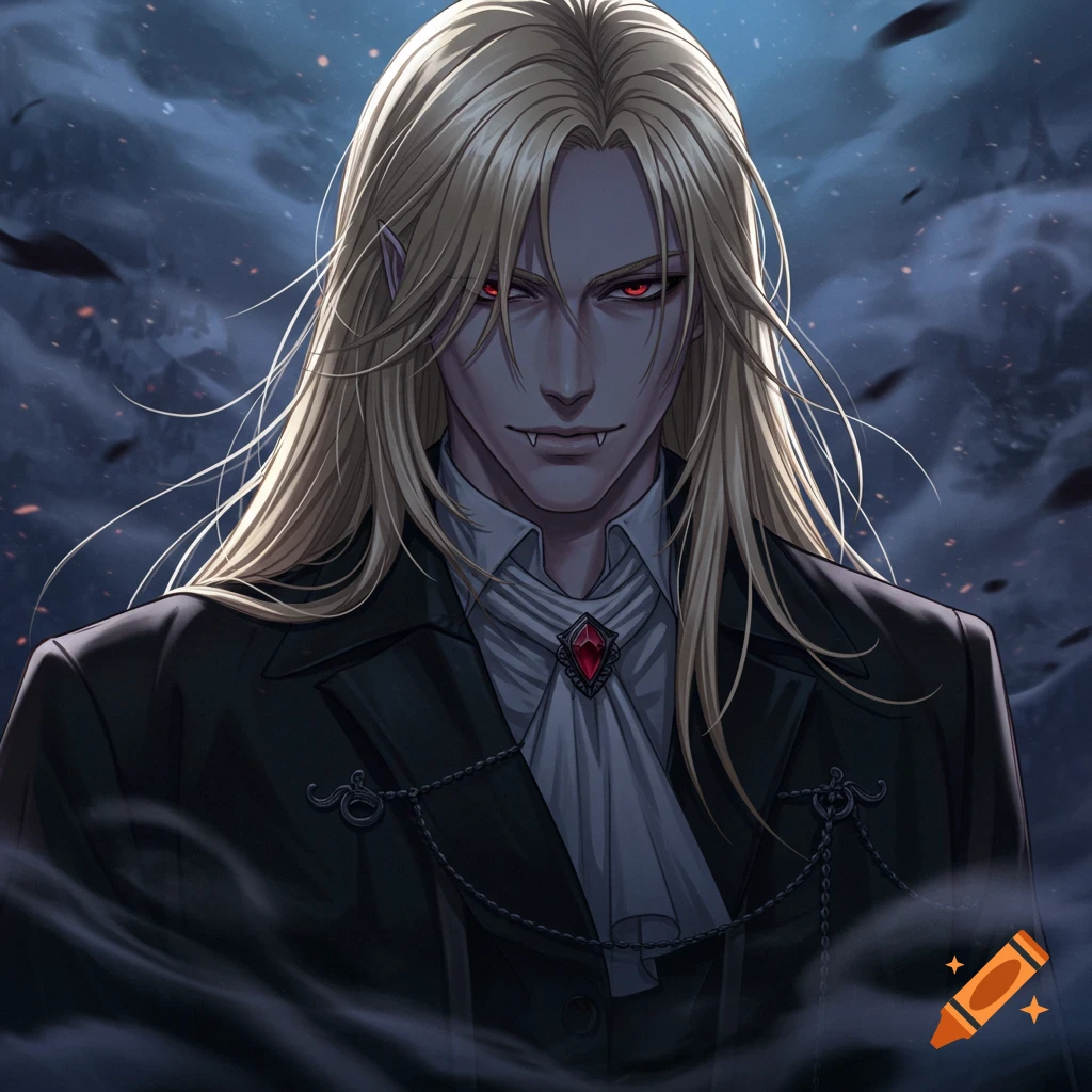A blonde-haired anime vampire with red eyes and fangs, wearing a suit and looking at the viewer.
