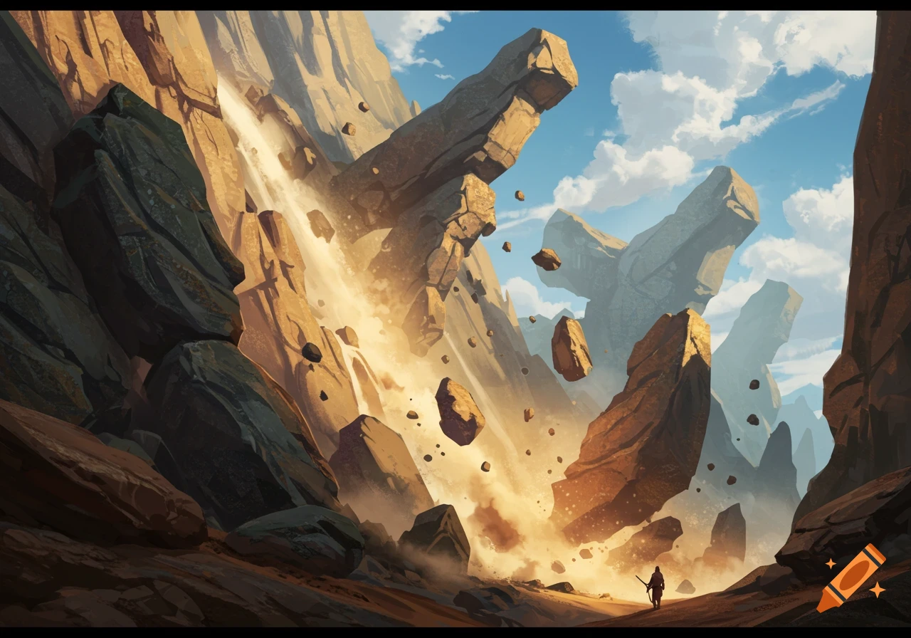 A dramatic fantasy art painting of a colossal rockslide in a sunlit canyon with a lone figure walking.