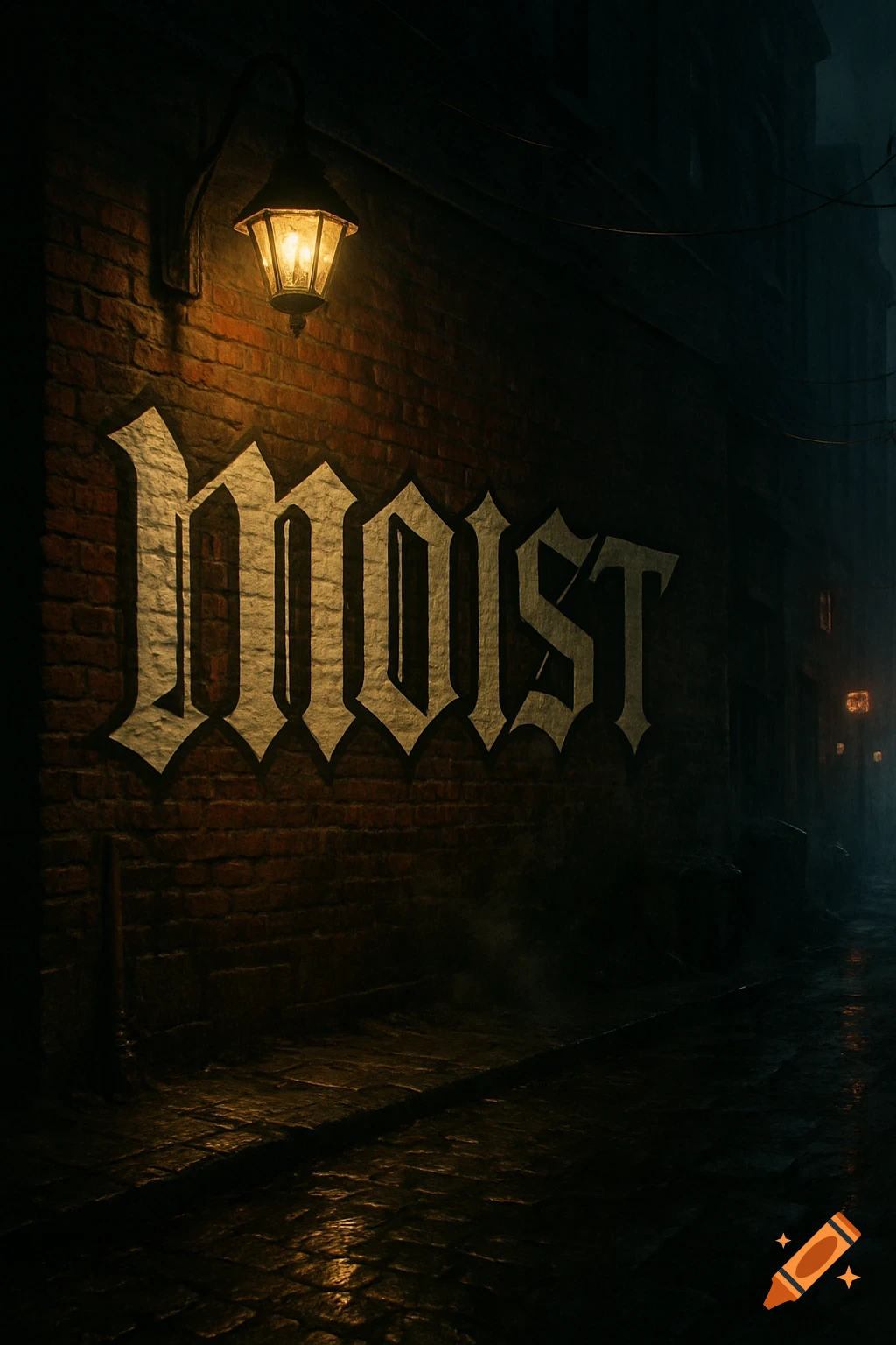 A dark, wet brick alley at night, lit by a single lamp, with the word "MOIST" in a gothic font on the wall.