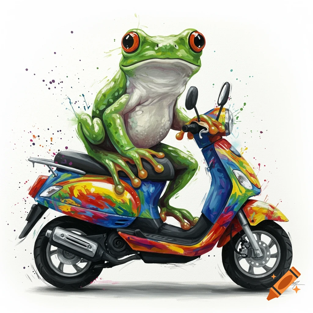 A green frog with prominent red eyes rides a brightly multicolored moped, rendered in a vibrant watercolor and abstract style.