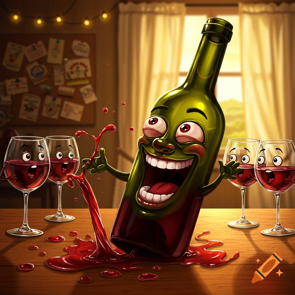 Cartoon of a grinning anthropomorphic wine bottle spilling red wine, with shocked wine glasses on a wooden table.