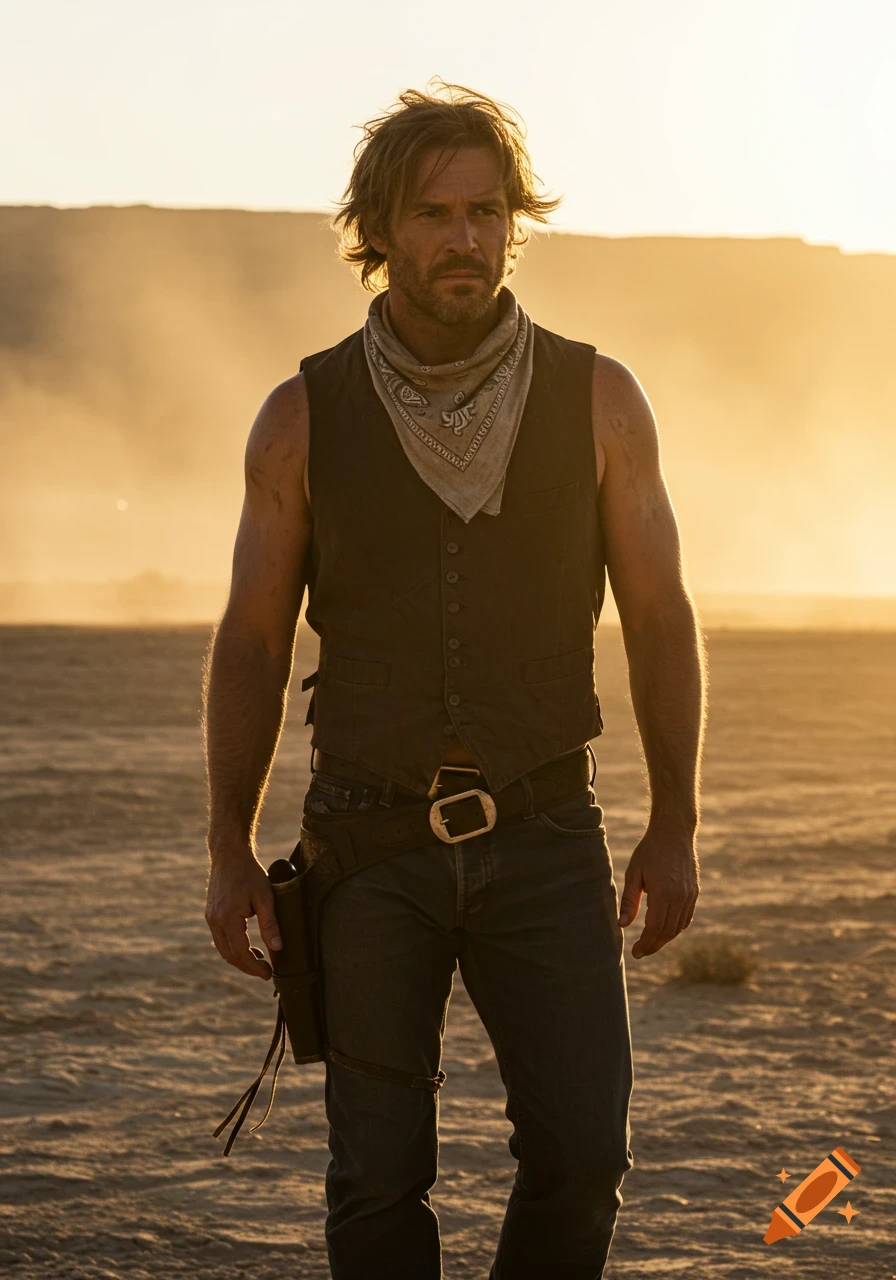 A scruffy cowboy in a vest and bandana stands in a golden desert landscape at sunset, looking stoic.
