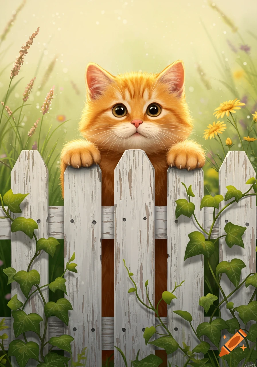 A cute orange tabby kitten peeking over a white picket fence, surrounded by green foliage and yellow flowers, in a cartoon style.