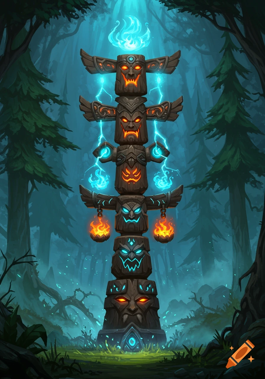 A stylized, glowing fantasy totem pole with multiple faces and elemental energy stands in a dark, mystical forest.