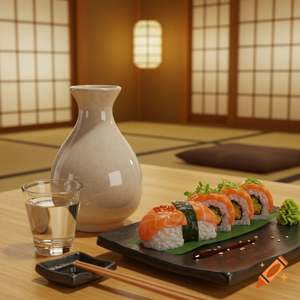 A photorealistic depiction of a sake carafe, glass, and sushi with chopsticks on a wooden table in a Japanese room.