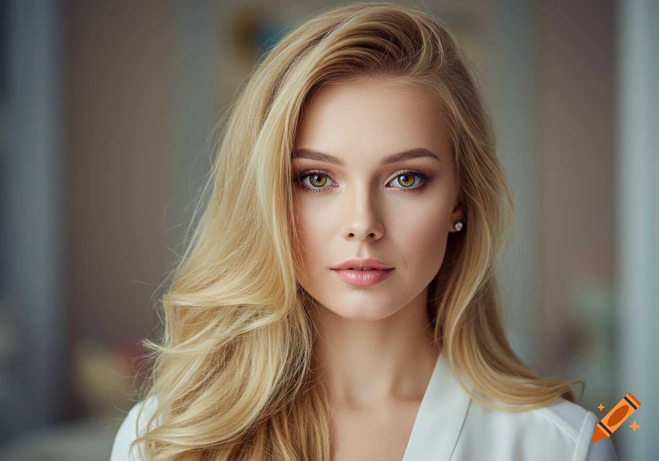 Close-up photorealistic portrait of a young blonde woman with hazel eyes, wearing a white top.