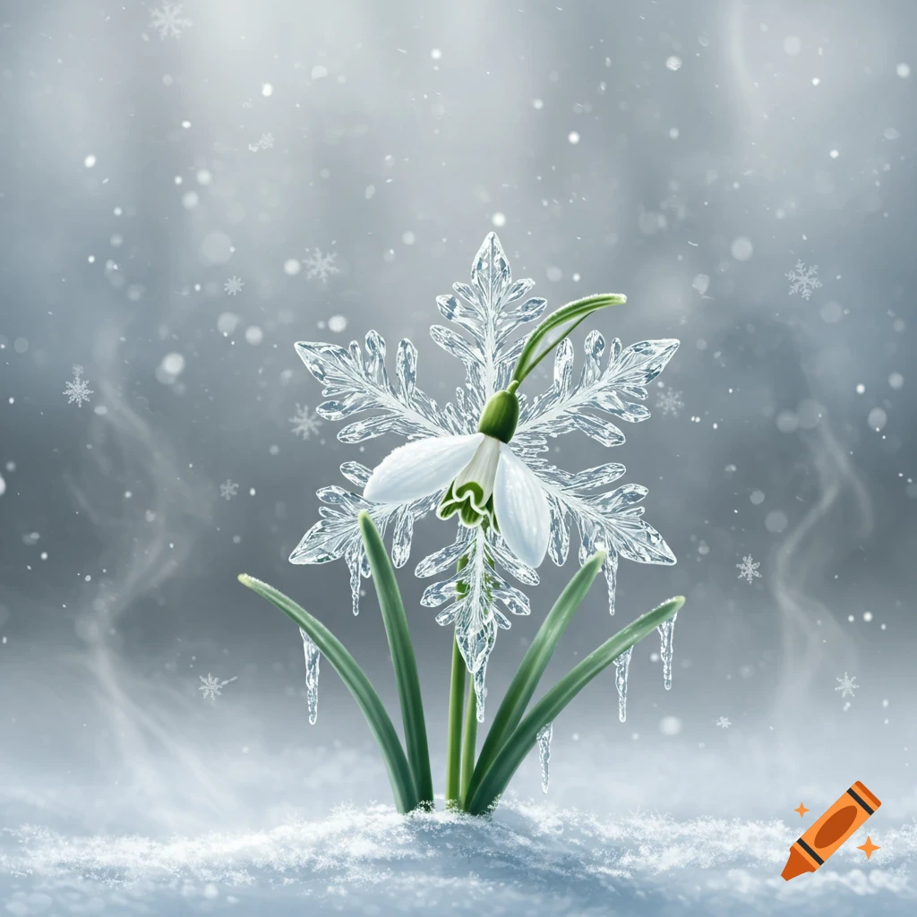 A snowdrop flower intricately designed like a snowflake, with green leaves and icicles, emerging from snow with falling flakes.