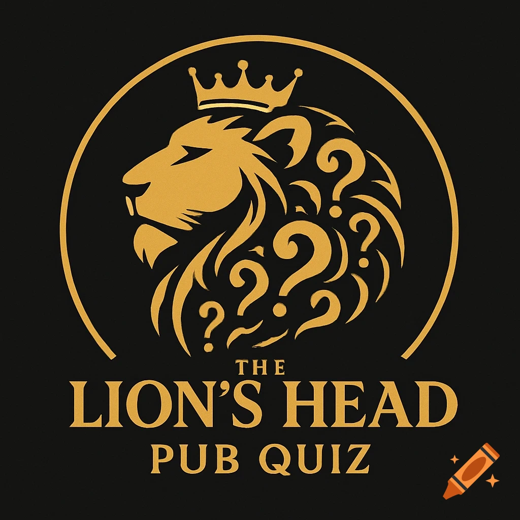 Gold and black logo for "The Lion's Head Pub Quiz" featuring a crowned lion's head with question marks in its mane.