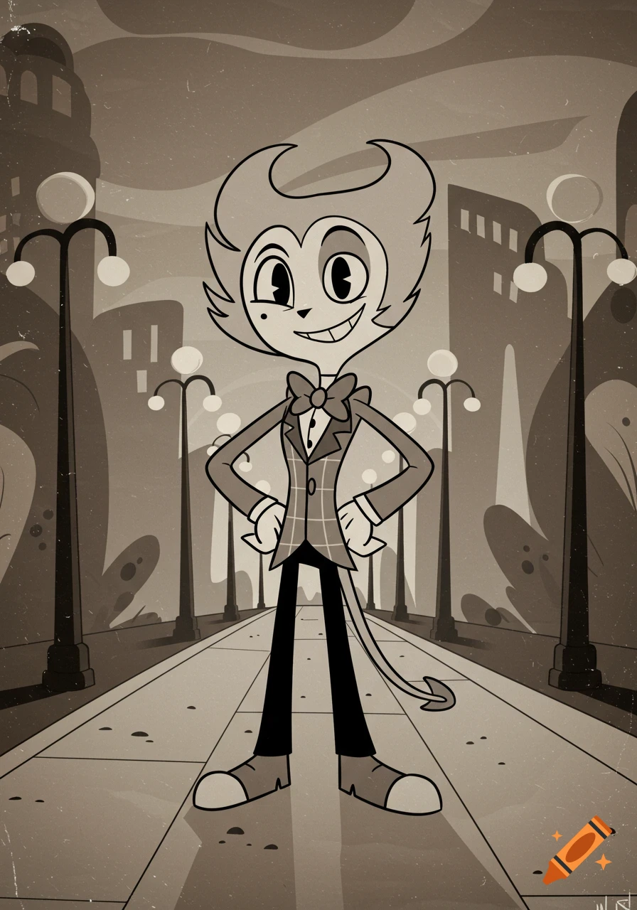 A black and white 1930s cartoon-style character, resembling an imp or devil, stands smiling on a city street.