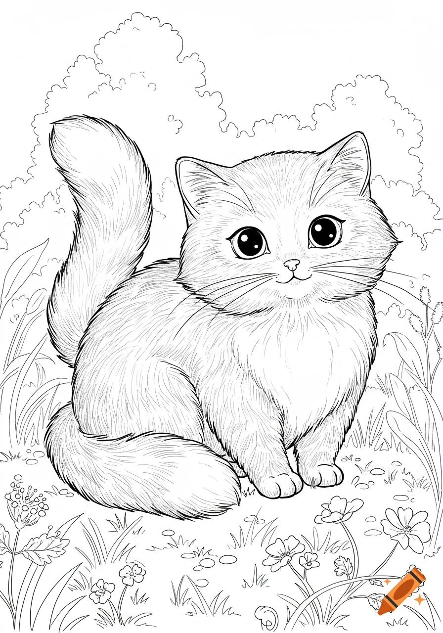 A black and white line drawing of a fluffy cat sitting in a grassy field with flowers and clouds, in the style of a coloring page.