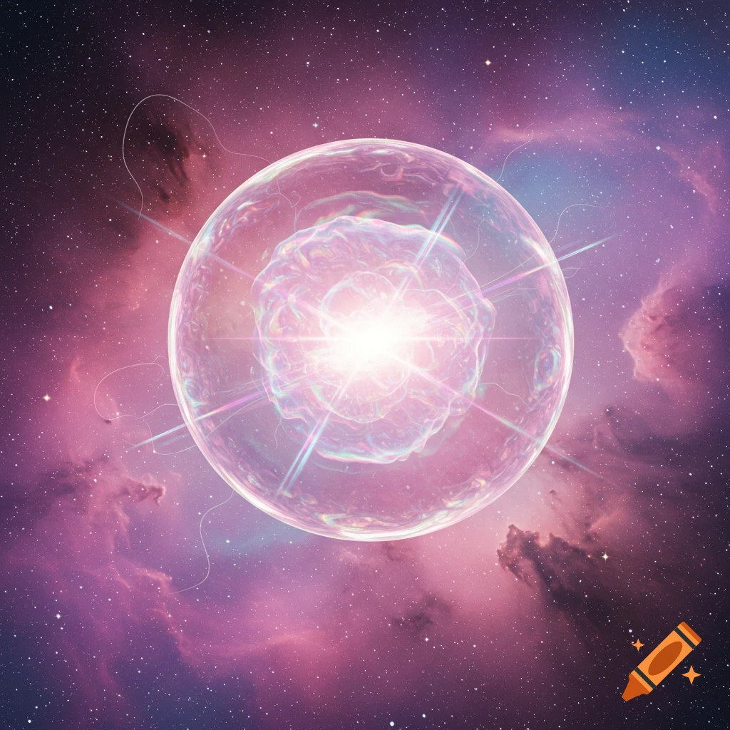 A glowing, iridescent sphere radiating light, set against a pink and purple cosmic nebula filled with stars.