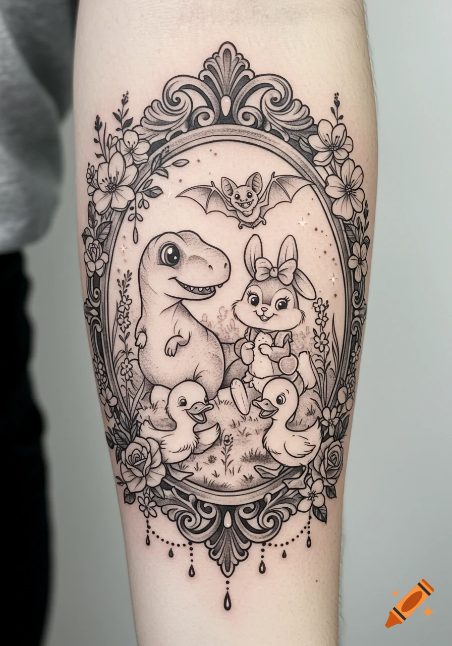 Black and grey tattoo design of a T-Rex, bunny, bat, and two ducklings in a floral, vintage gothic frame.