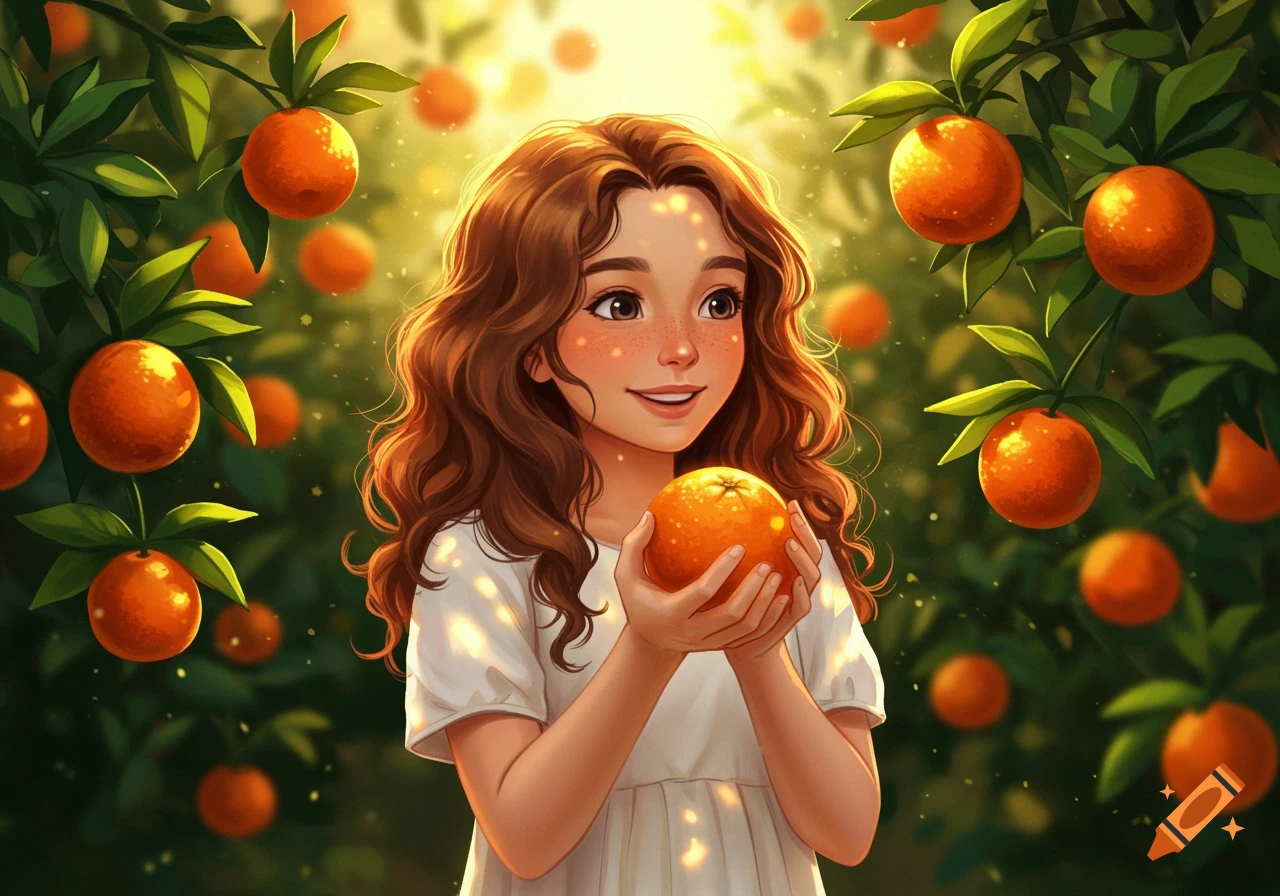 An illustrated girl with long brown hair holds an orange in a bright, glowing orange grove.