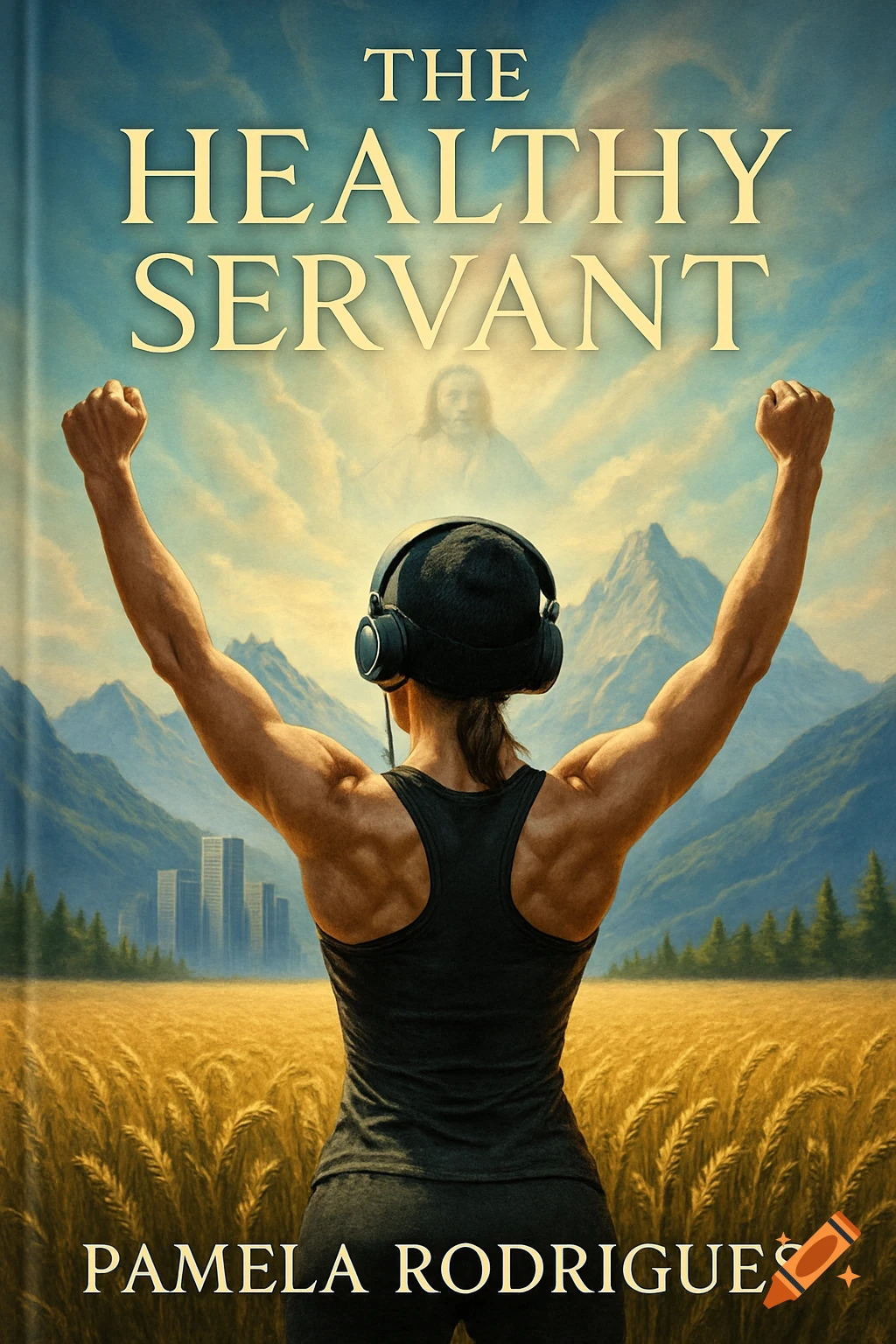 Book cover 'The Healthy Servant': Back of a muscular woman with headphones, arms raised in a golden field. Mountains, city skyline, and a faint image of God in the sky. By Pamela Rodrigues.