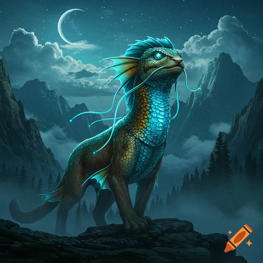A luminous, scaly, finned fantasy creature with glowing eyes and whiskers stands on a rock in a mystical mountain night under a crescent moon.