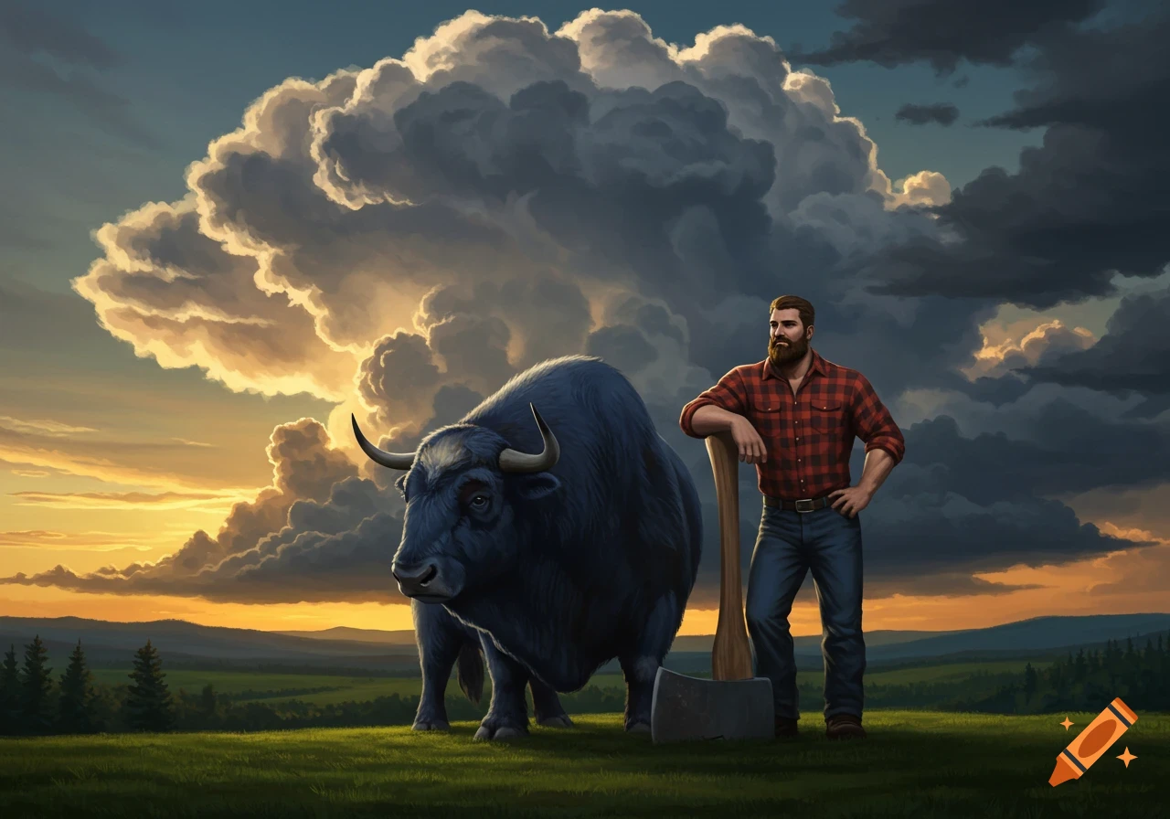 An illustrated bearded lumberjack and a giant blue ox stand in a field with dramatic clouds at sunset.