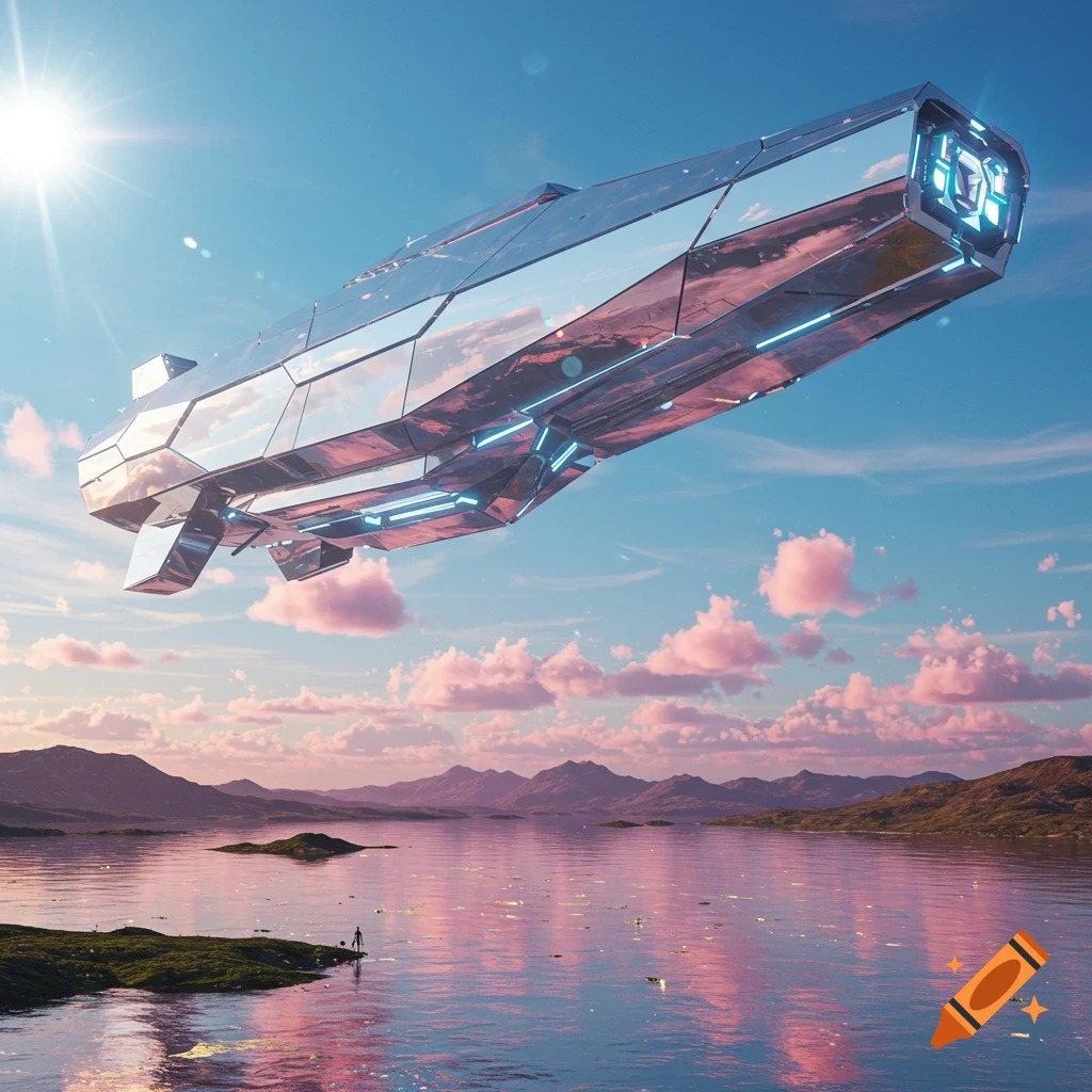 A large, metallic, futuristic blimp-like ship floats over a tranquil lake with mountains under a sunny sky with pink clouds.