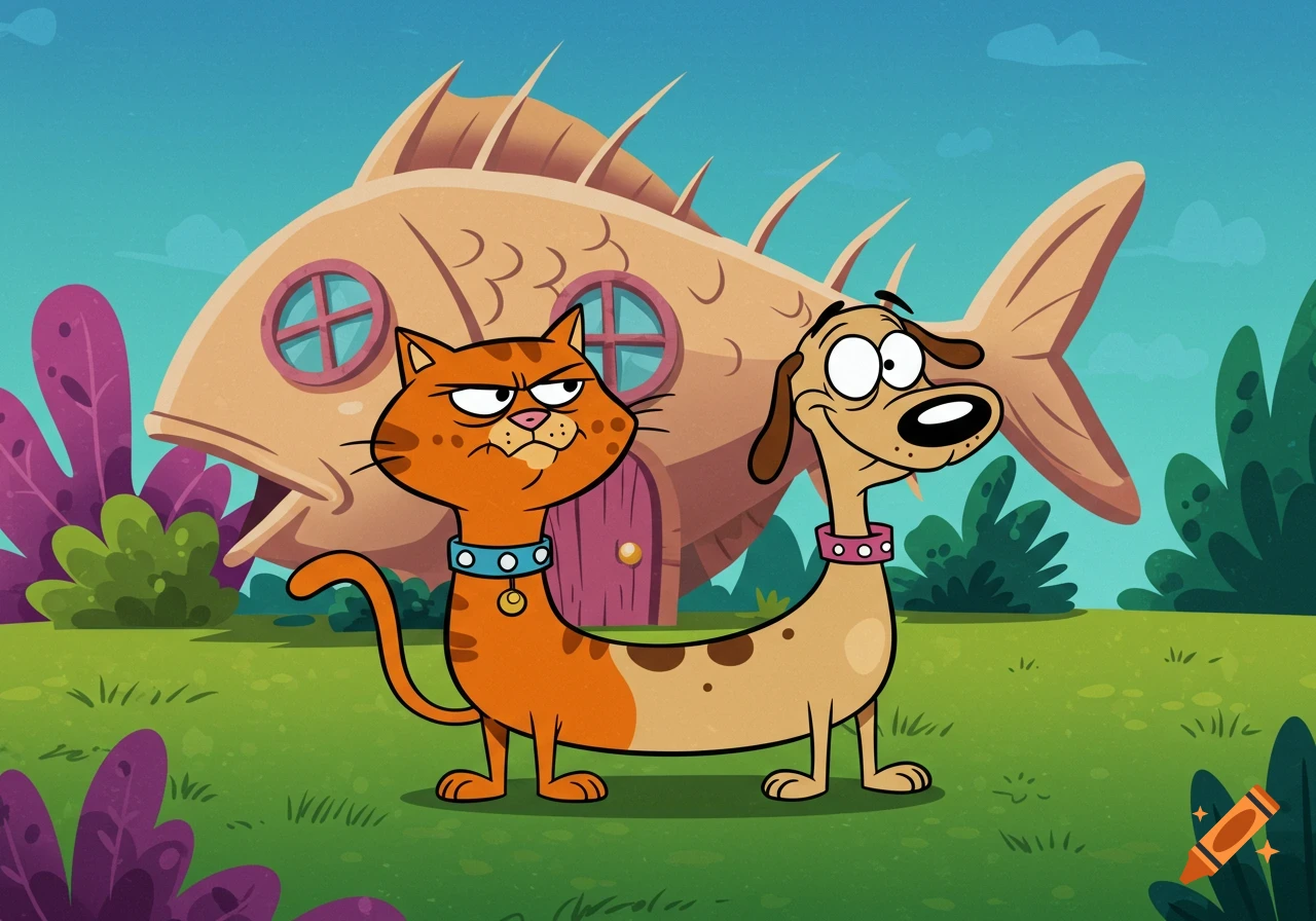 A bright cartoon of CatDog with a sarcastic orange cat head and a goofy tan dog head, standing in front of their fishbone house.