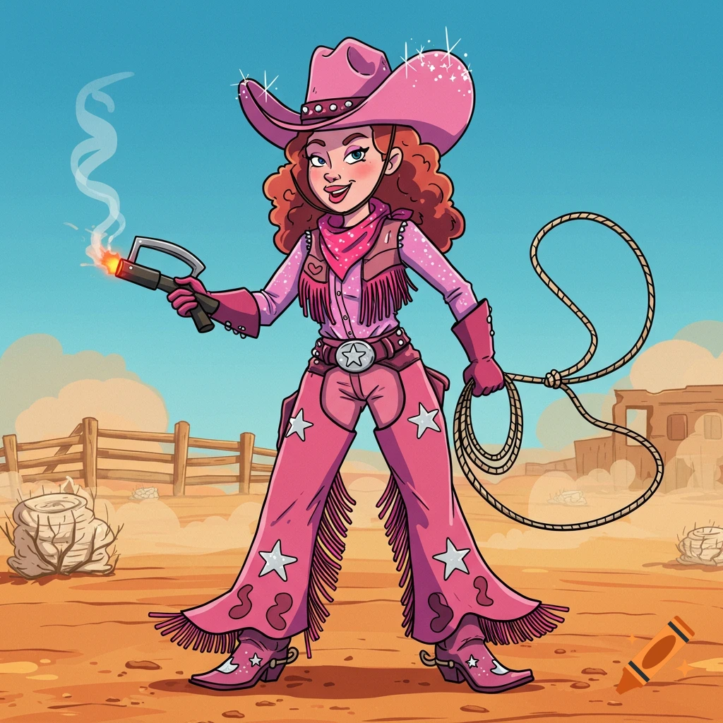 A vibrant cartoon cowgirl in a pink outfit, hat, and boots stands in a desert, holding a lit branding iron and a lariat.