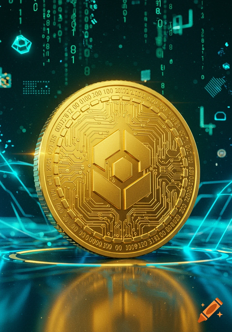 A golden cryptocurrency coin with a hexagonal symbol and circuit board patterns against a dark, glowing digital background with binary code.