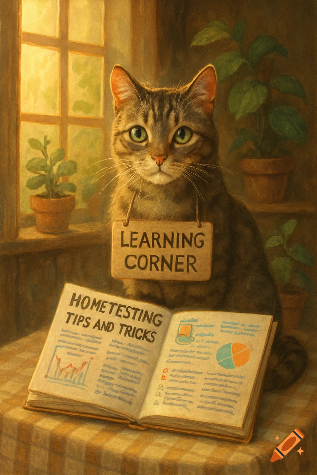 A tabby cat sits at a table with an open book titled "Hometesting Tips and Tricks" and a sign around its neck saying "Learning Corner," in a painterly style.