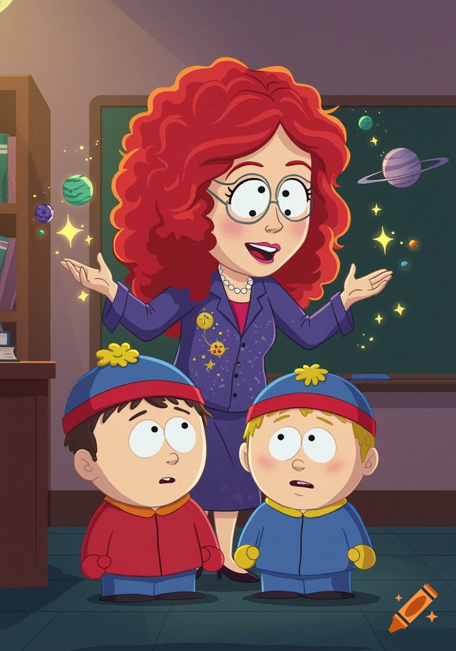 A cartoon teacher with red curly hair and glasses, resembling Miss Frizzle, teaches two South Park-style students about planets and stars in a classroom.