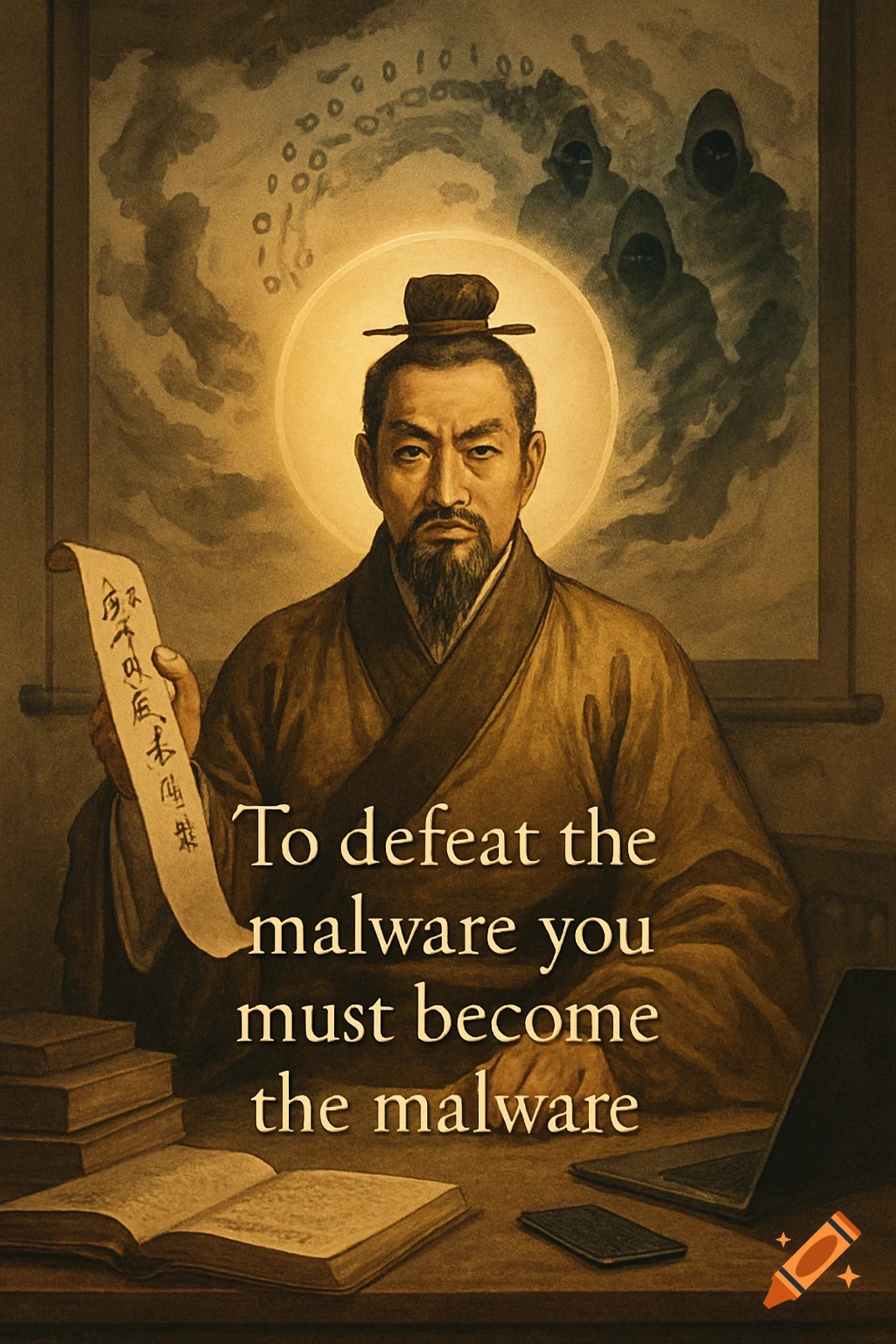 A stylized painting of an ancient Chinese scholar, possibly Sun Tzu, holding a scroll. Text reads 'To defeat the malware you must become the malware'.