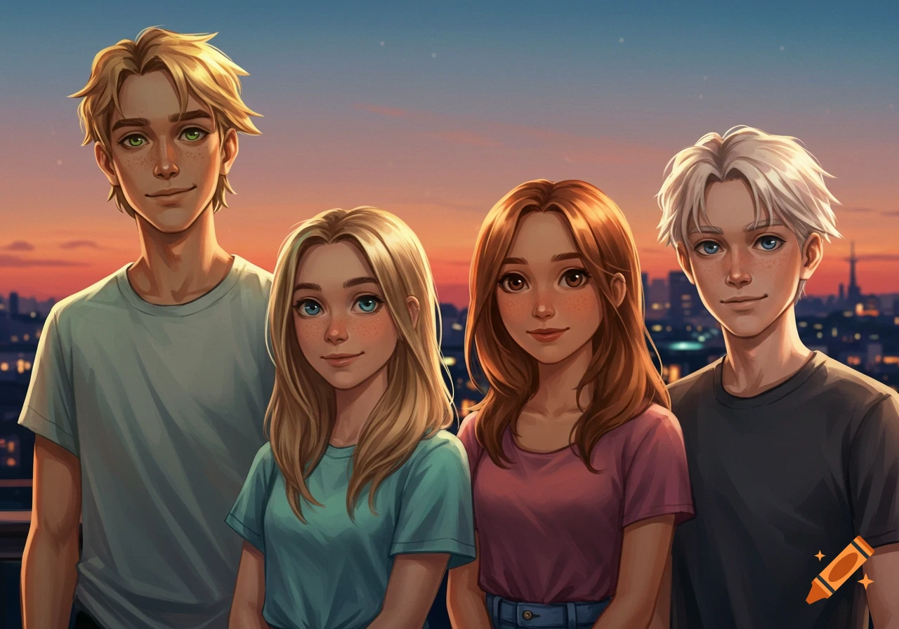 Four animated teenagers, two boys and two girls, stand side-by-side against a sunset city skyline background.