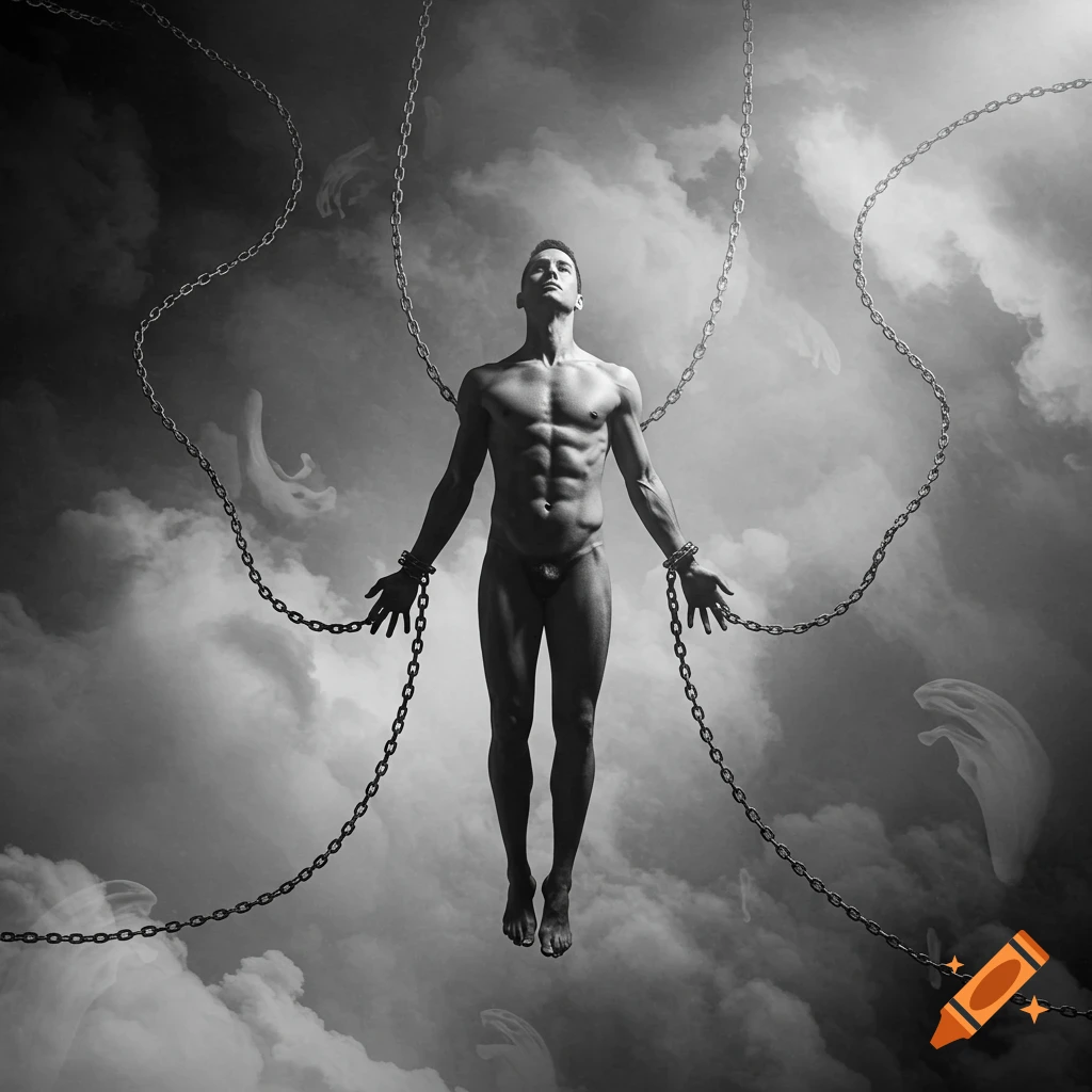 A photorealistic, black and white image of a nude, muscular man suspended by chains, floating in a cloudy, ethereal sky.
