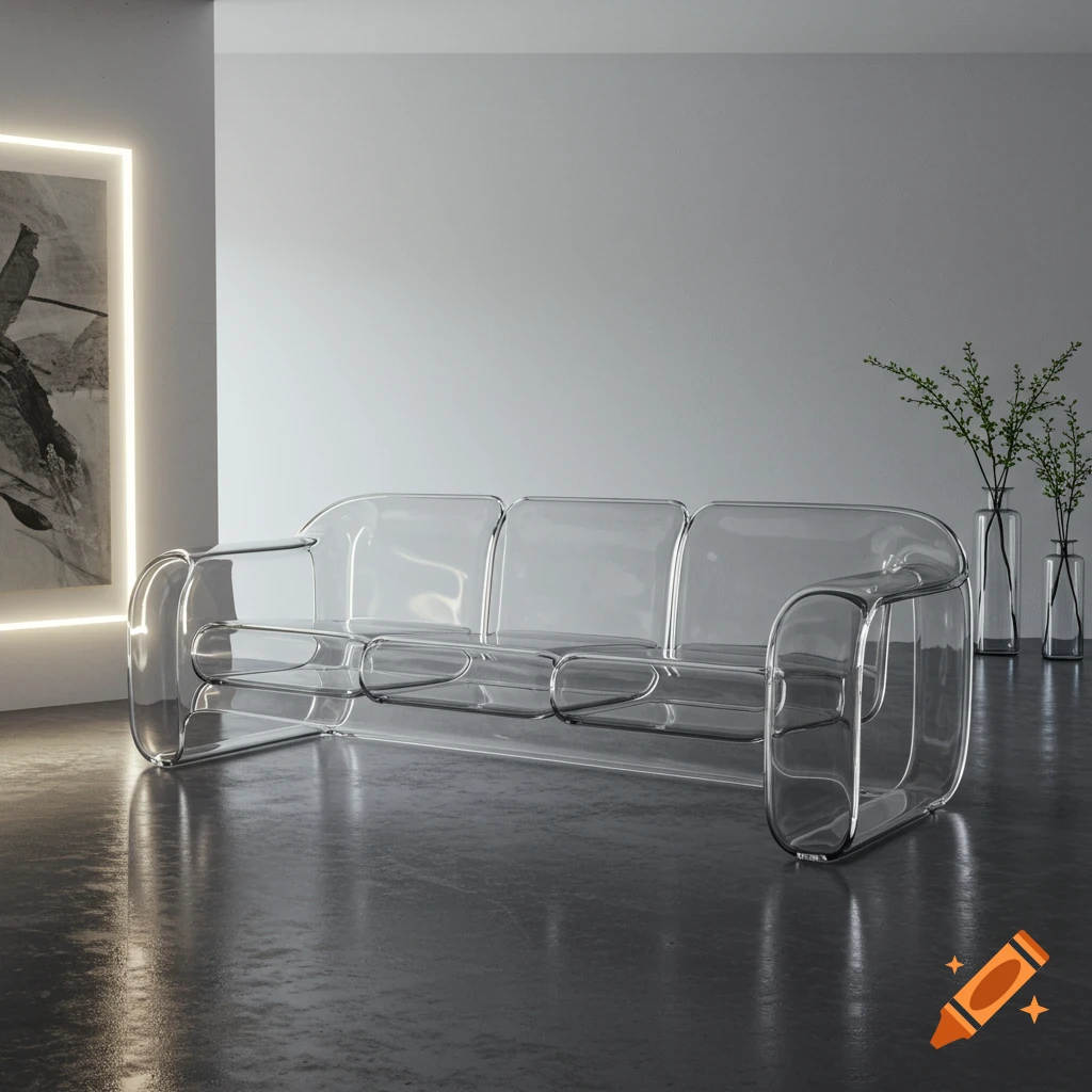 A modern clear plastic sofa with three seats sits on a dark polished concrete floor in a minimalist room with white walls. A framed abstract painting with a neon light outline is on the left wall, and two glass vases with green foliage are on the right.