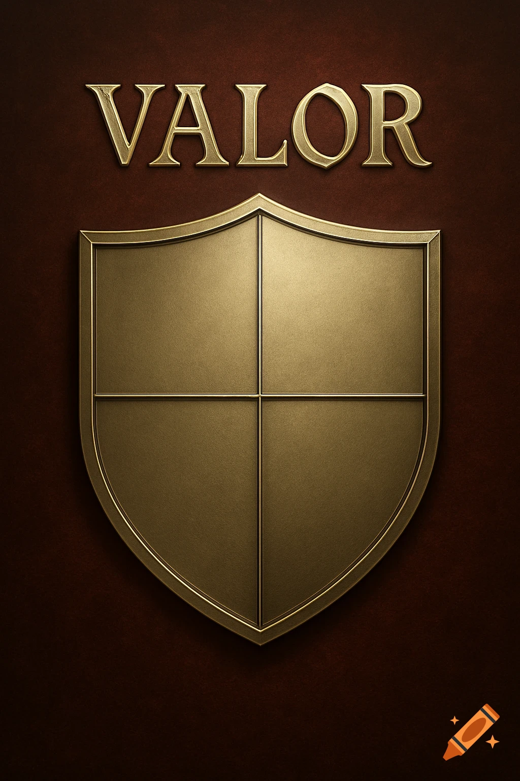 A golden shield divided into four quadrants, with the word 'VALOR' in gold letters above it, all on a dark brown textured background.