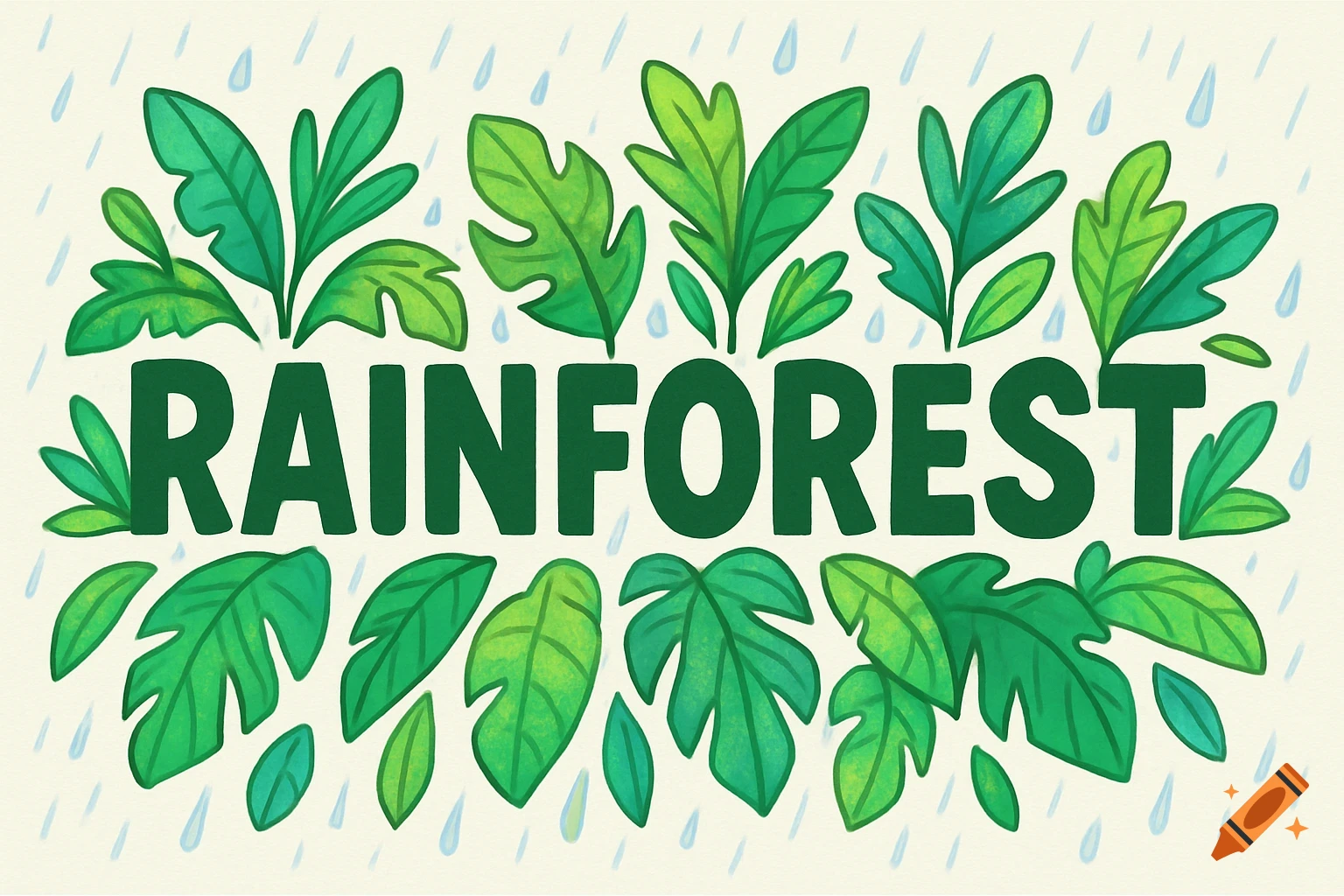 Cartoon illustration of the word 'RAINFOREST' in dark green letters, surrounded by tropical leaves and rain on a cream background.