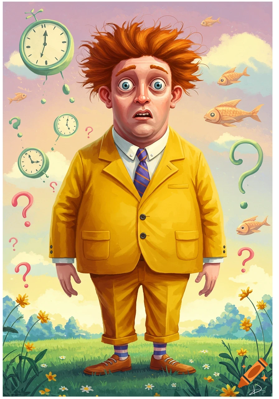 Cartoon illustration of a confused man with orange hair in a yellow suit, surrounded by floating clocks, fish, and question marks in a green field.