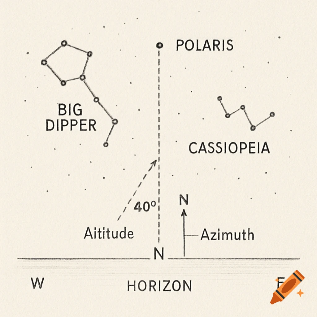 A hand-drawn diagram showing Polaris, Big Dipper, and Cassiopeia constellations with horizon, compass directions, and altitude labeled.