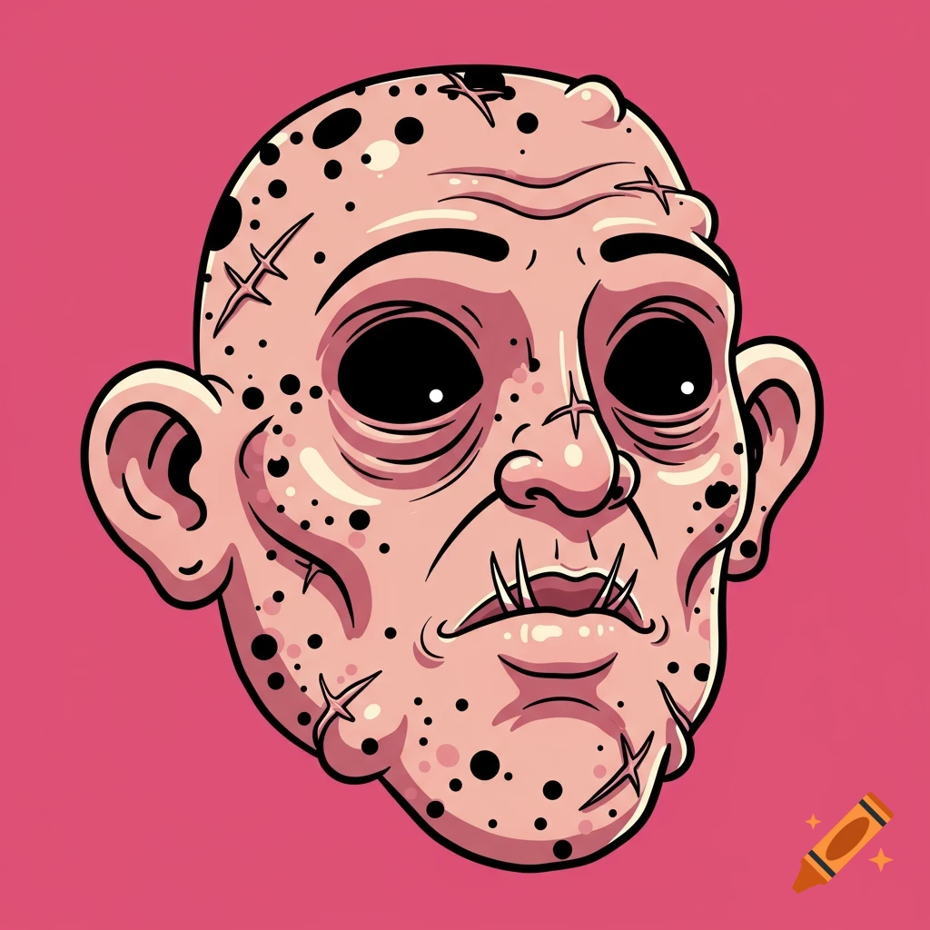 A grotesque cartoon head with large black eyes, stitched scars, black spots, and bumpy pink skin, on a solid pink background.