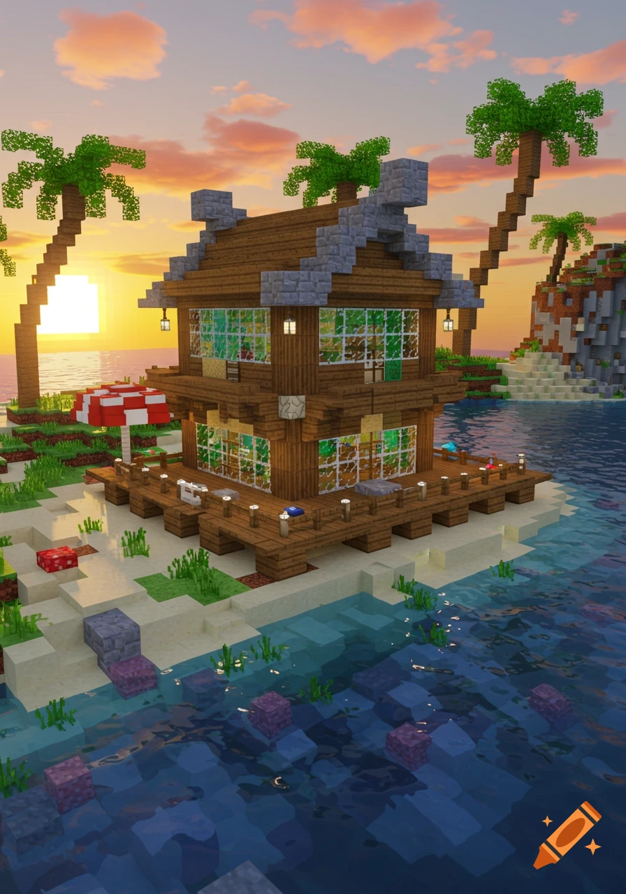 Minecraft-style wooden beach house on a small island with palm trees, deck, and calm ocean water at sunset.
