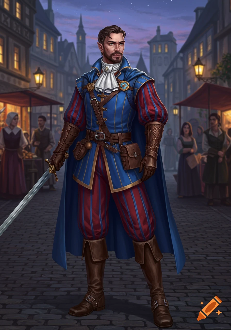 A fantasy man in ornate blue and red clothing with a cape, holding a sword, stands in a bustling medieval town at dusk.