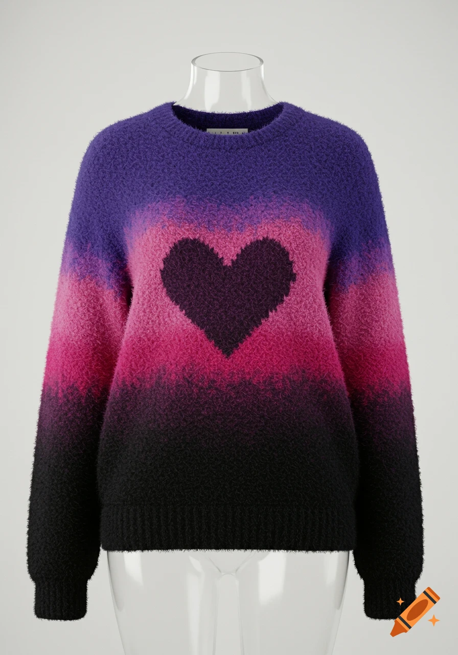 A fuzzy purple, pink, and black gradient sweater with a dark heart design on a clear mannequin.