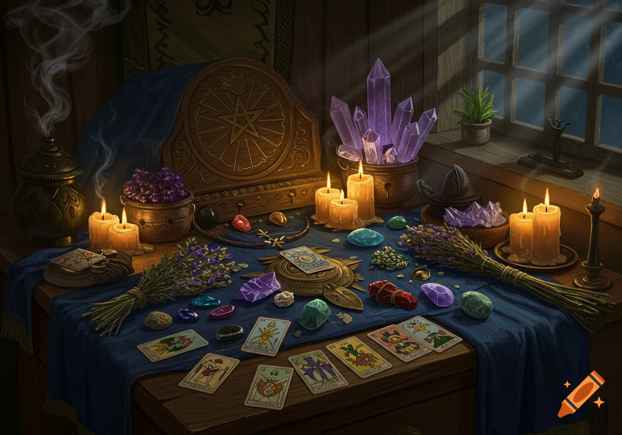 A dark, atmospheric still life of a witch's altar with lit candles, glowing purple crystals, bundles of lavender, and tarot cards spread on a blue cloth.