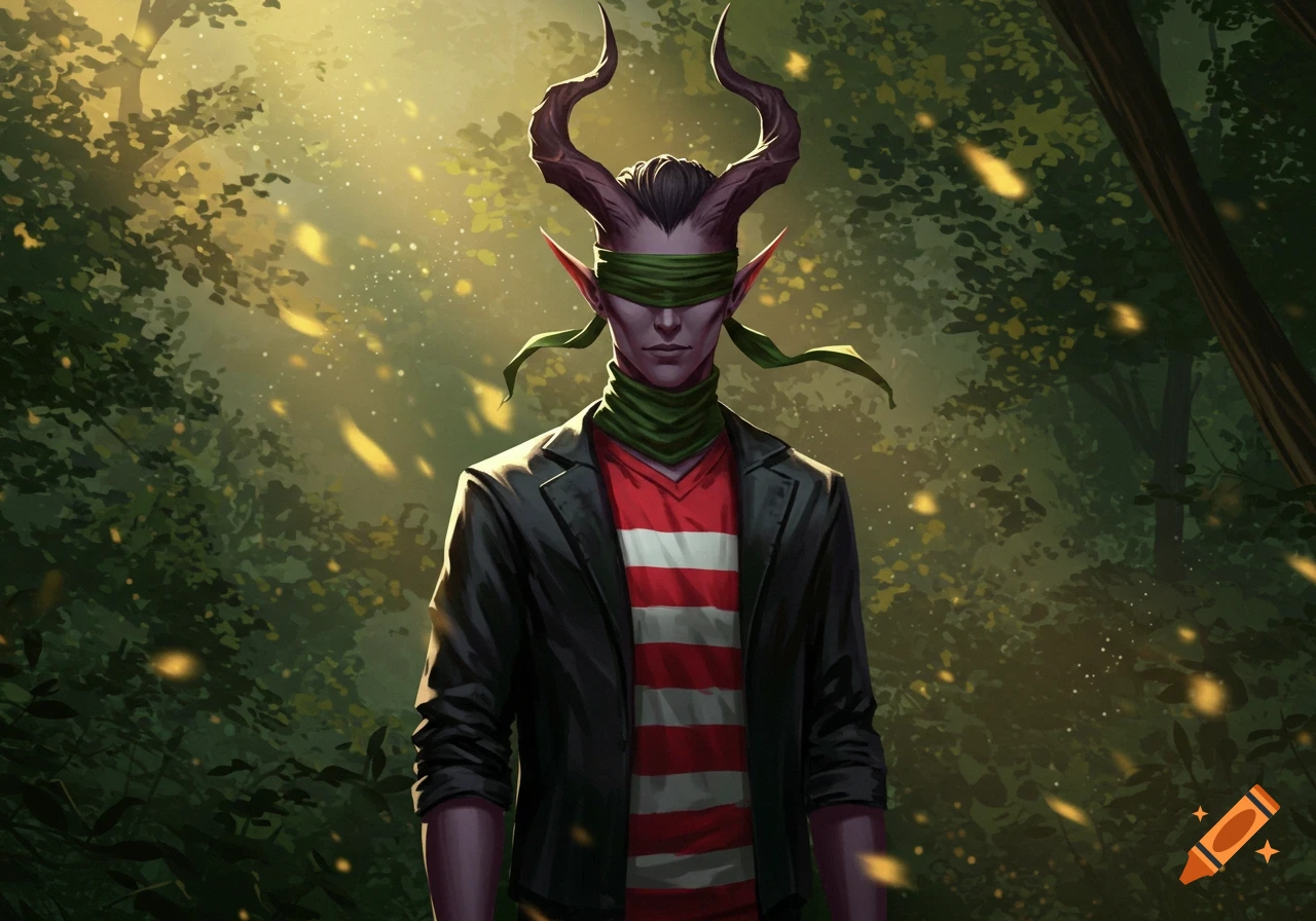 A blindfolded, horned elf in a black jacket and striped shirt stands in a sun-dappled forest, digital art.