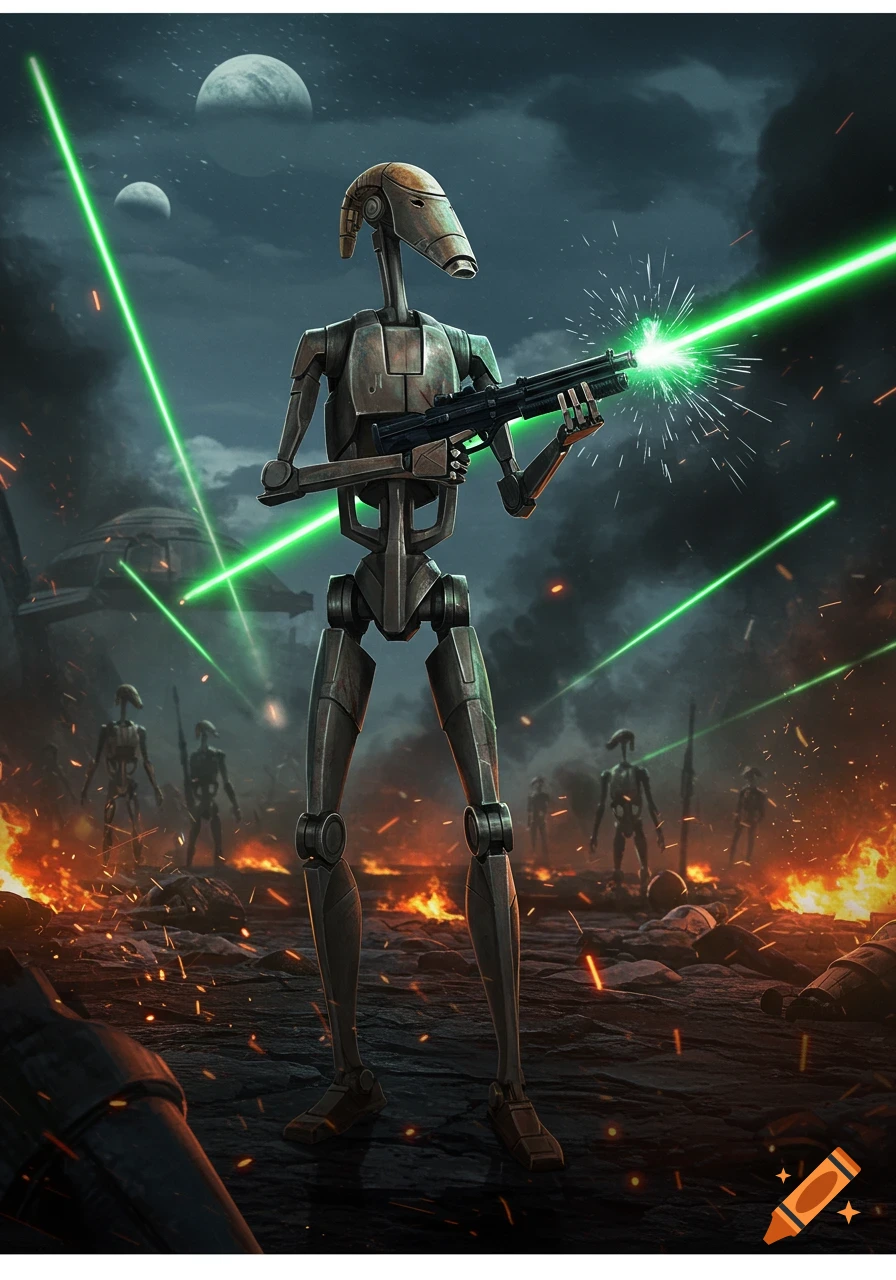 An illustrated battle droid firing a green laser rifle on a fiery battlefield with other droids and moons in the sky.