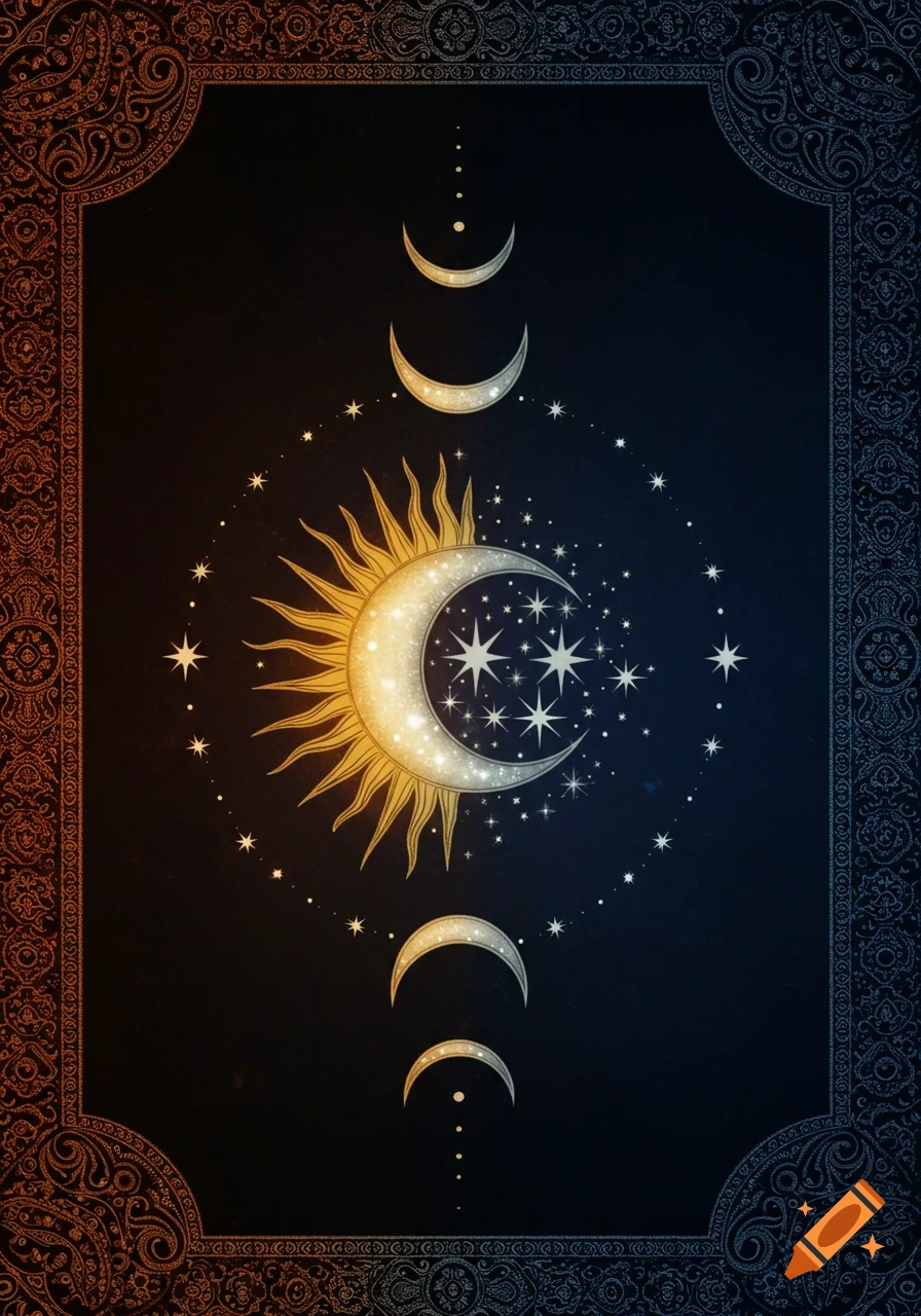 Stylized sun and crescent moon intertwined with stars in a celestial design, framed by ornate, dual-toned borders.